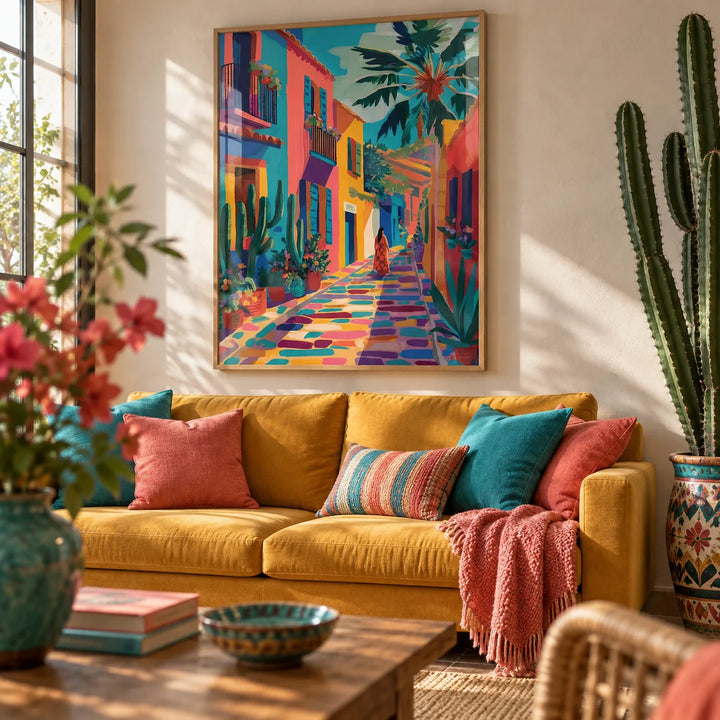 Mexican Street Art, framed on the wall of a colourful living room