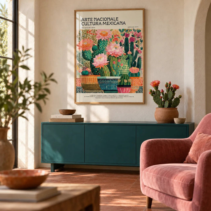Mexican Room Decor, framed on the wall of a warm Mexican-modern living room with limewashed warm white walls and a plain terracotta floor