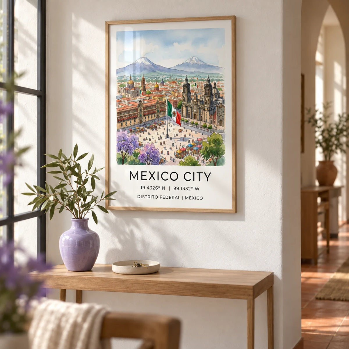 Mexico City Art Print, framed on the wall of a bright hallway with a white plaster wall