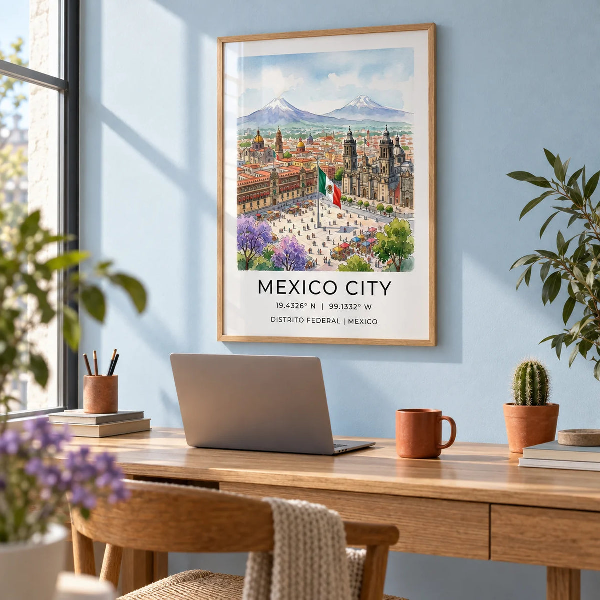 Mexico City Art Print, framed on the wall of a bright home office with a pale blue wall