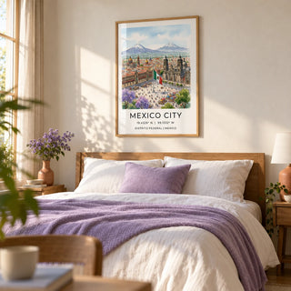 Mexico City Art Print, framed on the wall of a calm bedroom with a warm white plaster wall