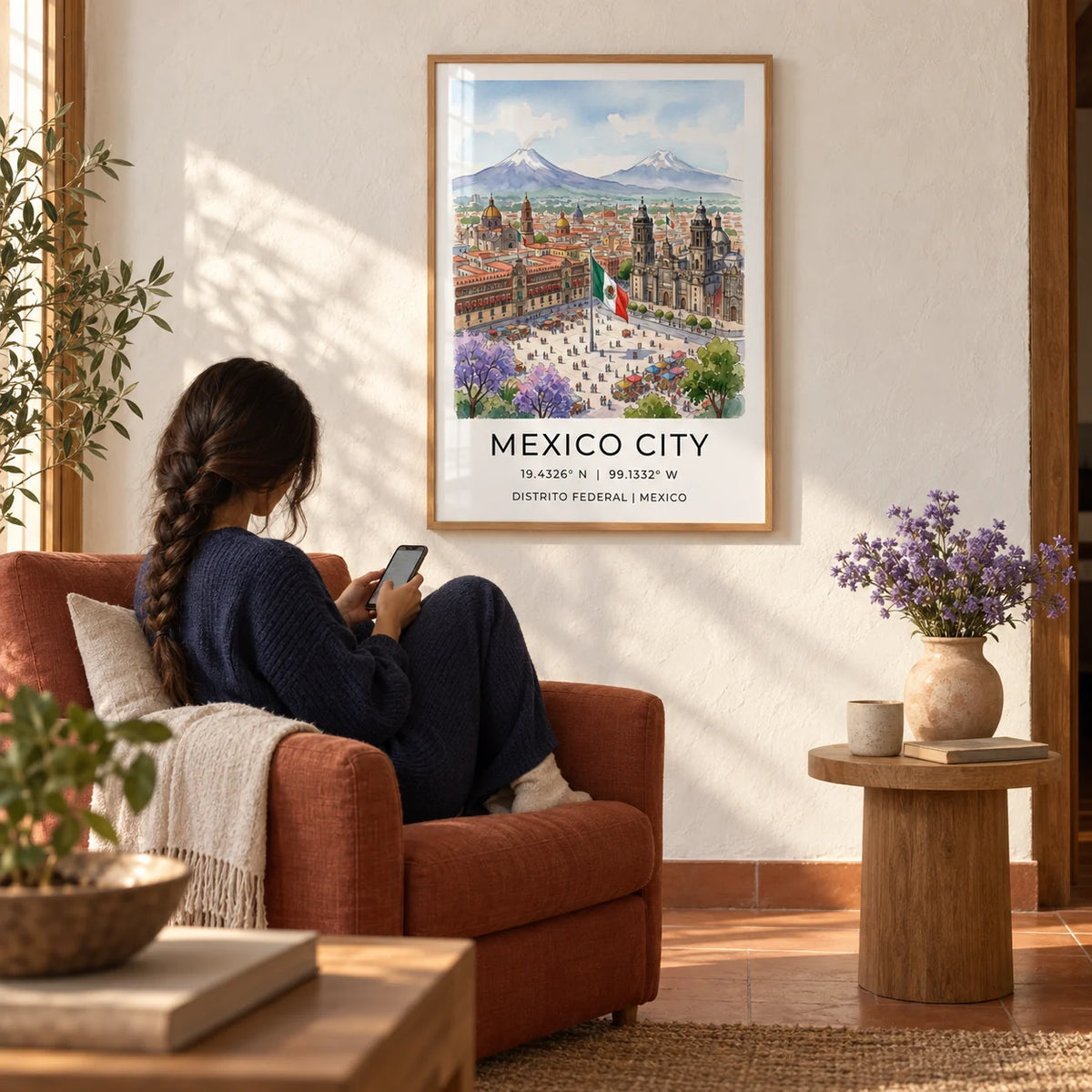 Mexico City Art Print, framed on the wall of a Mexican-modern living room with limewashed white plaster walls and a plain terracotta floor