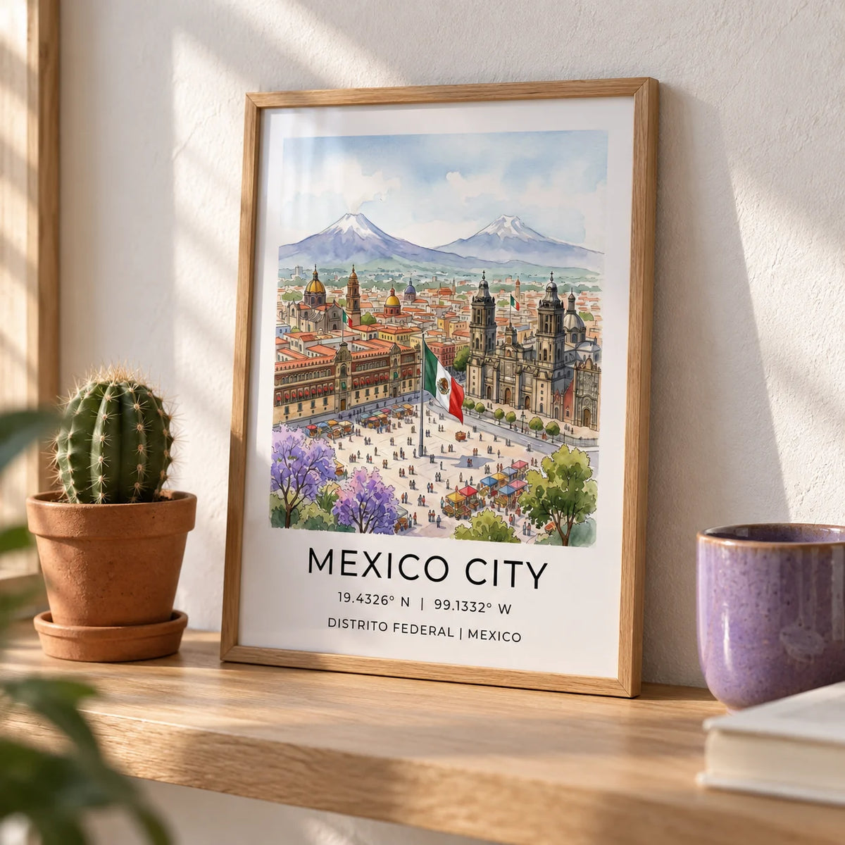 Mexico City Art Print, a small A4 framed print leaning on an oak shelf in a living room