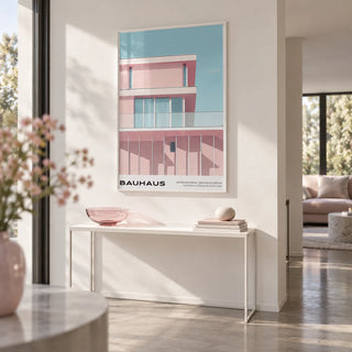 Mid Century Art Art, framed on the wall of a crisp modern hallway
