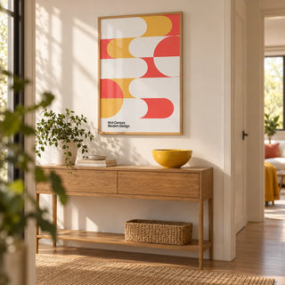 Mid Century Art, framed on the wall of a bright hallway with a warm white wall