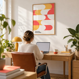 Mid Century Art, framed on the wall of a bright home office with a white wall