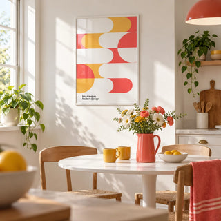 Mid Century Art, framed on the wall of a bright kitchen-diner with a white wall