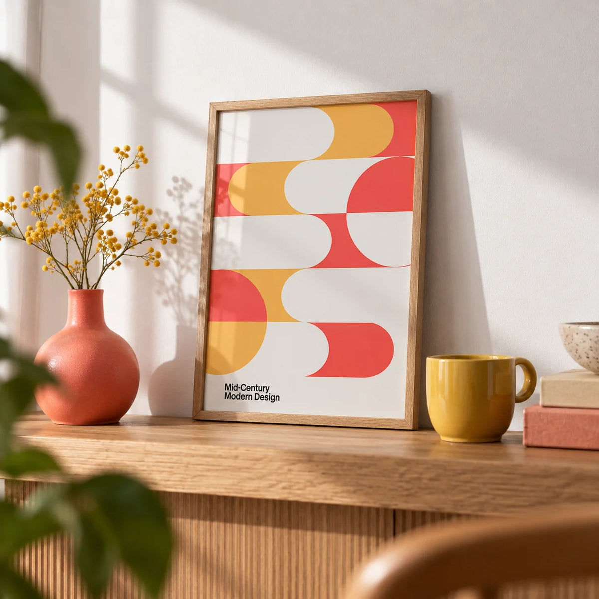 Mid Century Art, a small A4 framed print leaning on an oak shelf in a living room