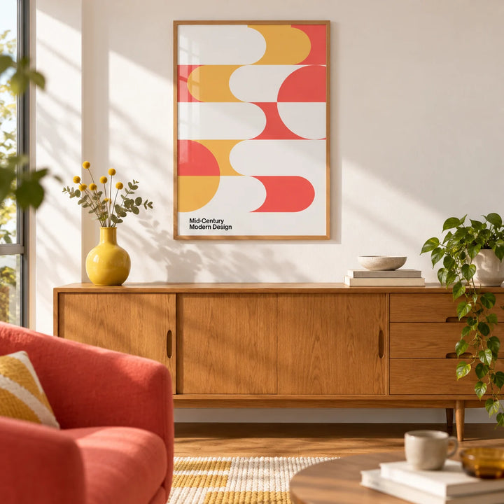 Mid Century Art, framed on the wall of a sunny mid-century living room with a white wall