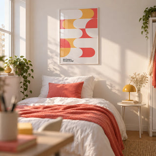 Mid Century Art, framed on the wall of a young lady's bedroom (18-25) with a white wall