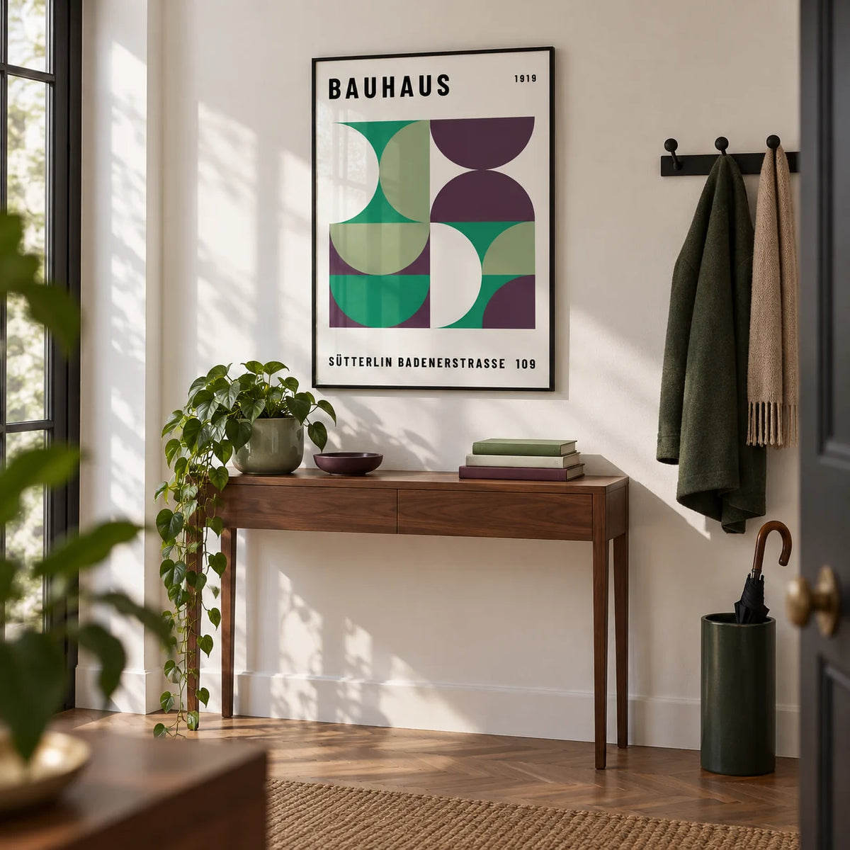 Mid Century Modern Art, framed on the wall of a modern hallway