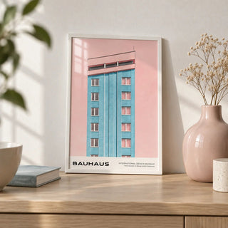 Mid Century Modernist Art, a small A4 framed print leaning on a pale oak shelf in a living room