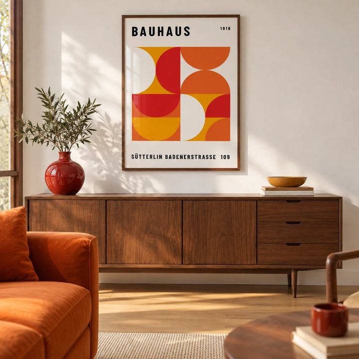 Mid Century Wall Art, framed on the wall of a mid-century modern living room with a white wall and an oak floor