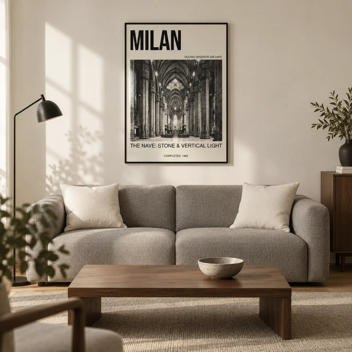 Milan Architecture Art Print, framed on the wall of a design-led living room in a UK city flat with an ivory wall