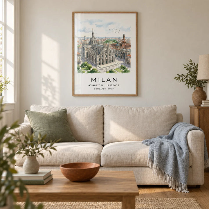 Milan Cathedral Art Print, framed on the wall of a calm living room in a UK terraced home with warm white plaster walls and an oak floor