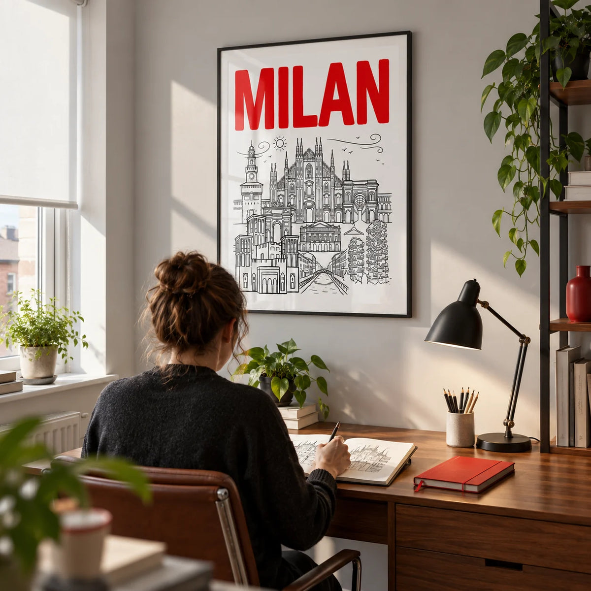Milan City Wall Art, framed on the wall of a bright architectural study in a UK flat with a pale grey wall