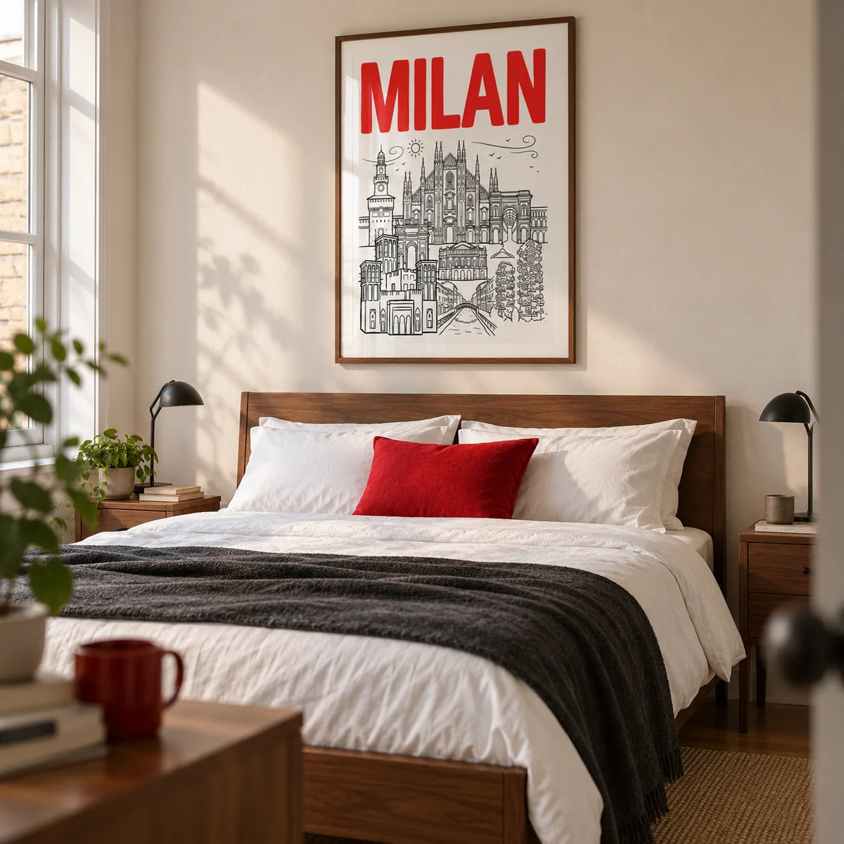 Milan City Wall Art, framed on the wall of a contemporary bedroom for a travel-loving couple in a UK flat with a warm white wall