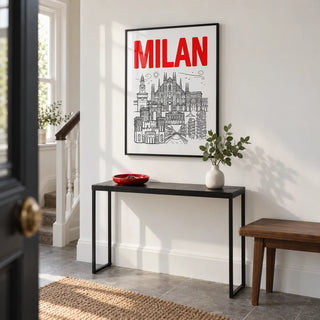 Milan City Wall Art, framed on the wall of a crisp entrance hallway in a UK townhouse with a white wall and plain grey stone floor