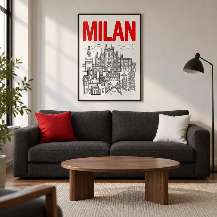 Milan City Wall Art, framed on the wall of a design-led living room in a UK city flat with a white plaster wall and walnut floor