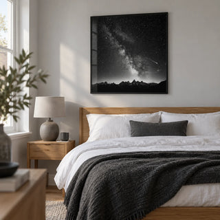 Milky Way Print, framed on the wall of a calm contemporary double bedroom in a UK flat with a pale grey wall