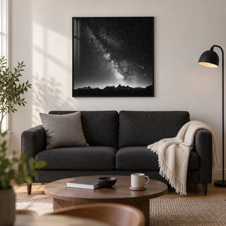 Milky Way Print, framed on the wall of a contemporary living room in a UK first flat (22-28) with a soft white wall and an oak floor