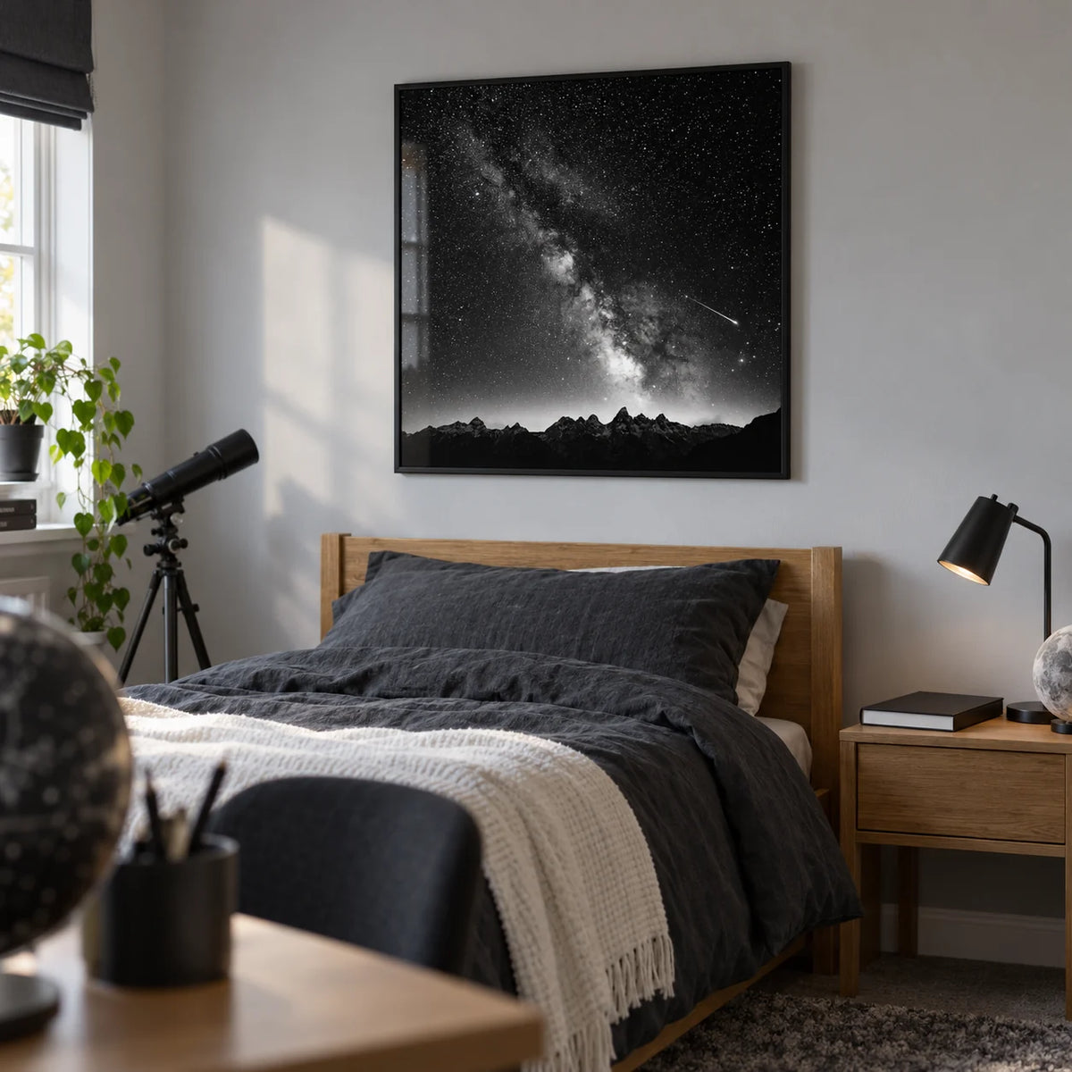 Milky Way Print, framed on the wall of a space-loving teenager's single bedroom (13-17) in a UK family home with a pale grey wall