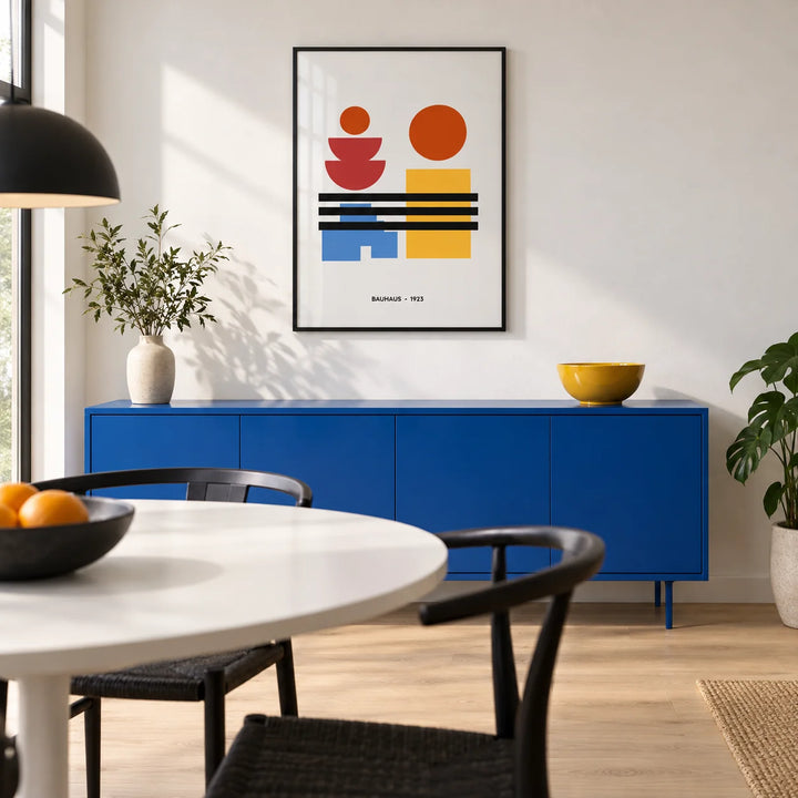 Minamalist Art, framed on the wall of a modern dining room with a white wall and a pale oak floor