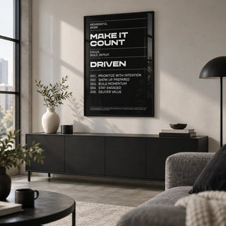 Mindset Wall Art, framed on the wall of a modern city-flat living room with a concrete floor
