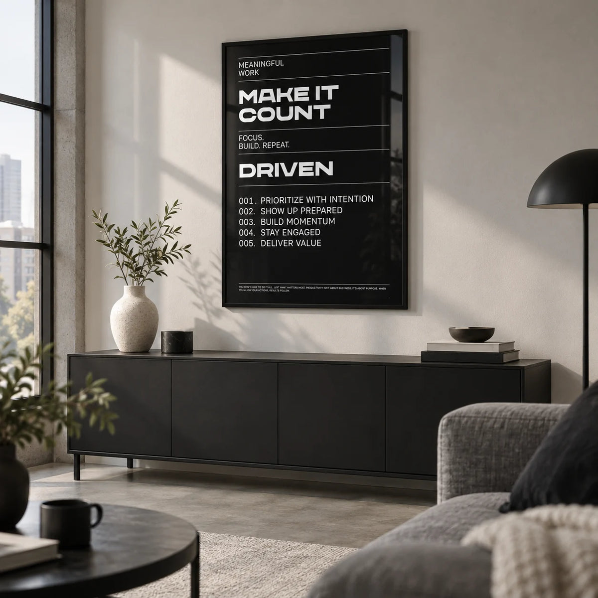 Mindset Wall Art, framed on the wall of a modern city-flat living room with a concrete floor