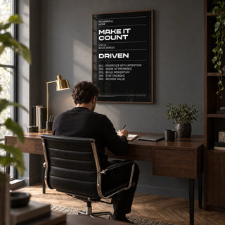 Mindset Wall Art, framed on the wall of a smart home study with a dark grey wall and a herringbone oak floor