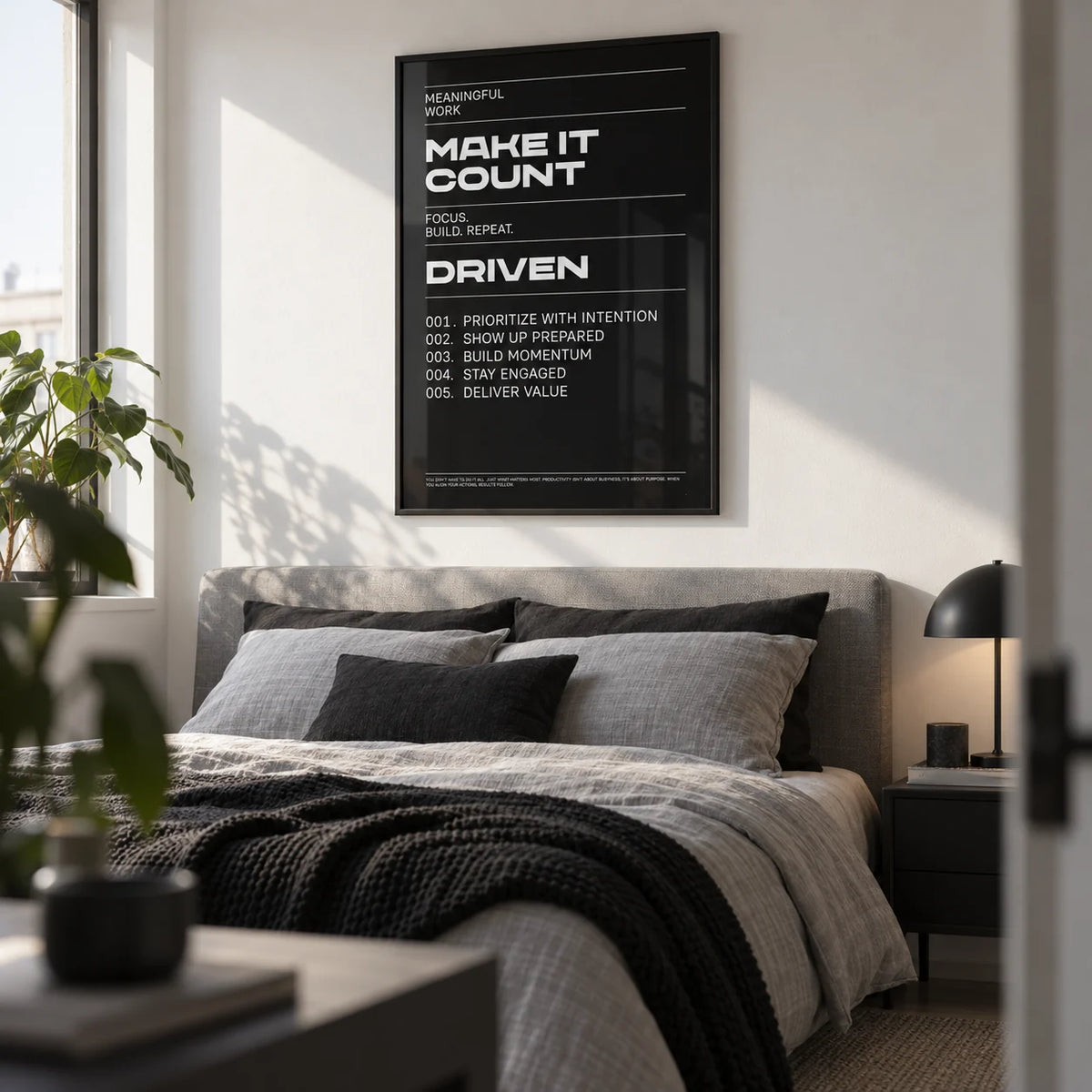 Mindset Wall Art, framed on the wall of a young professional's bedroom (24-32) with a white wall