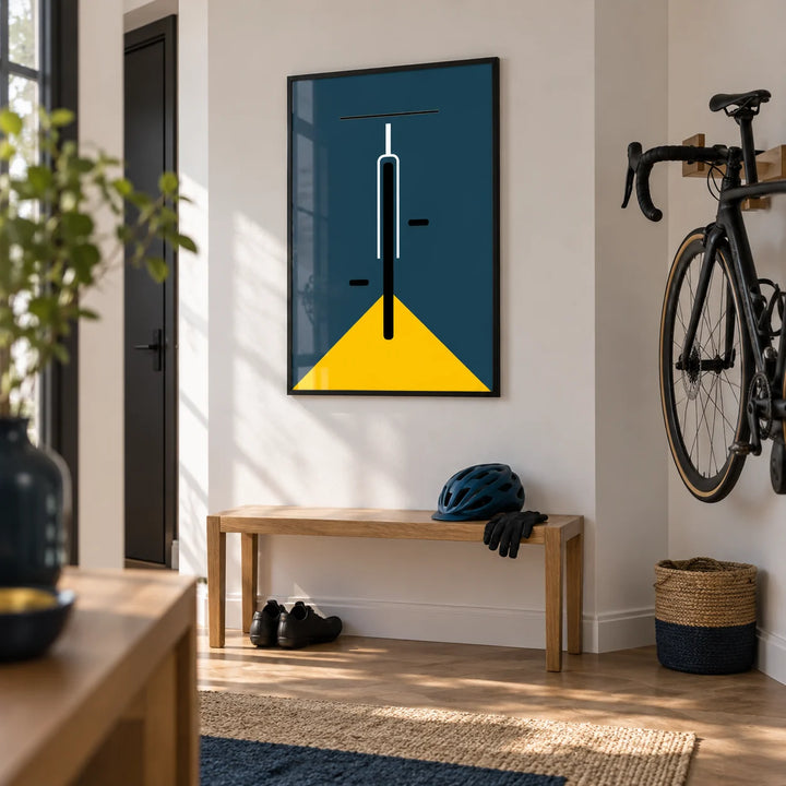 Minimal Bike Poster, framed on the wall of a modern city-flat hallway