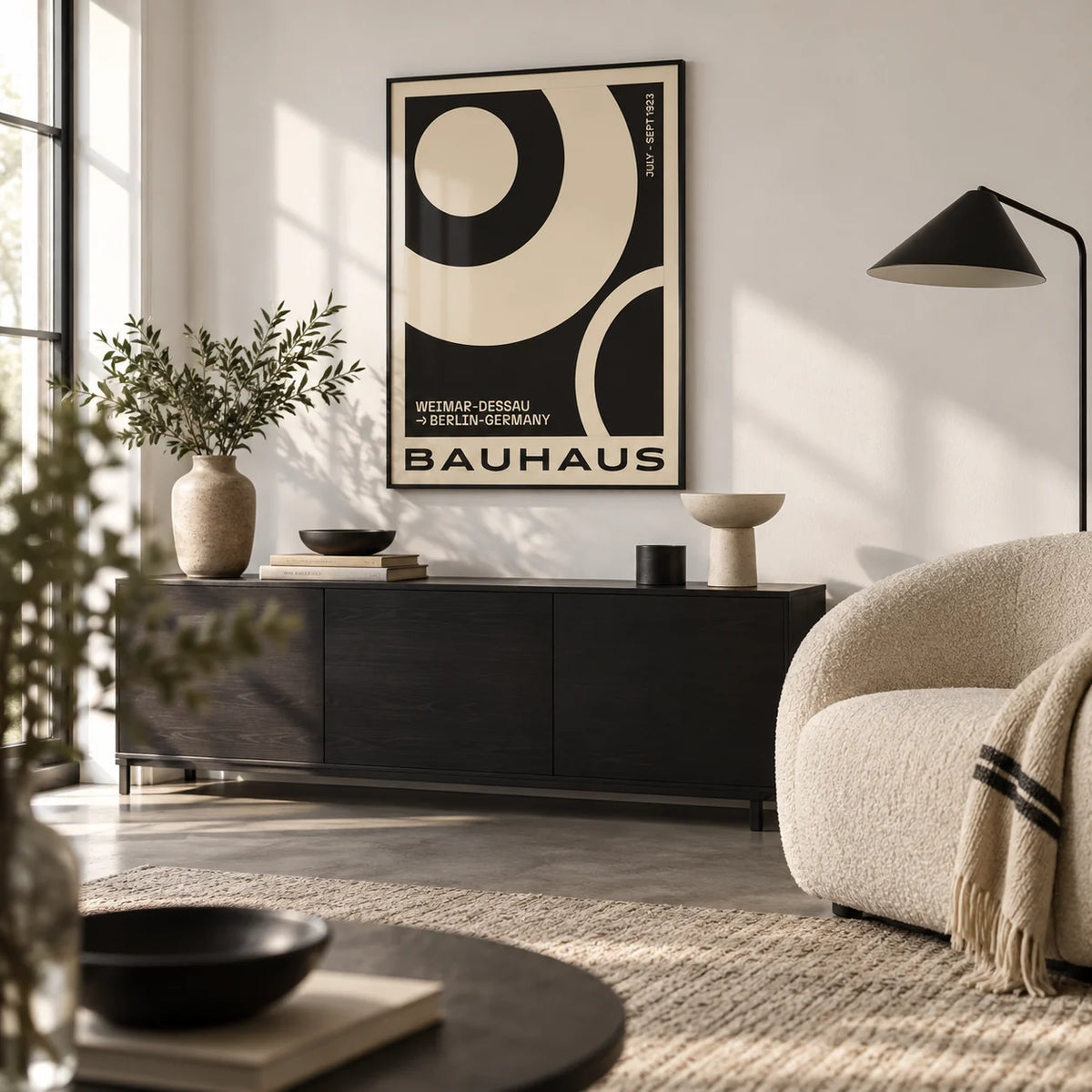 Minimalist Abstract Art Prints, framed on the wall of a modern city-flat living room