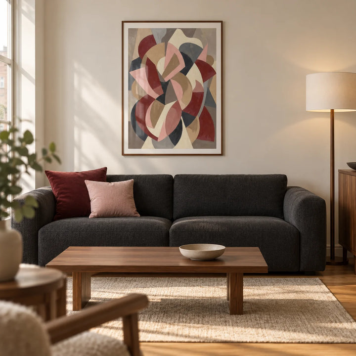 Minimalist Abstract Wall Art, framed on the wall of a modern living room in a UK city flat with warm white walls