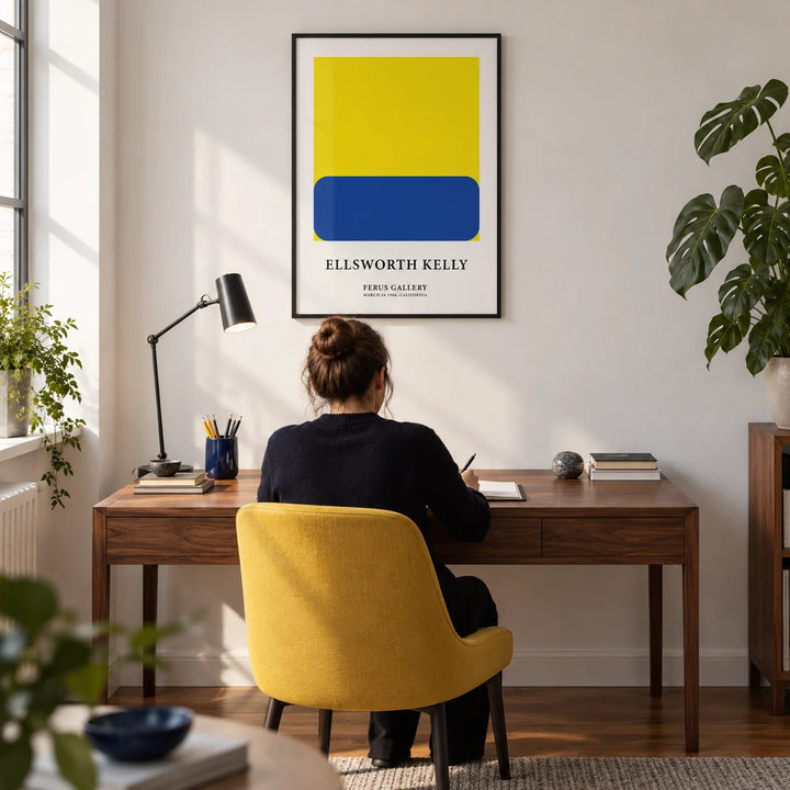 Minimalist Artwork, framed on the wall of a modern home study in a UK city flat with a crisp white wall and walnut floor