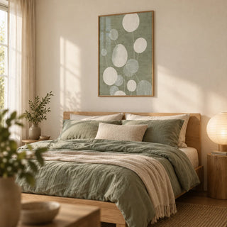 Minimalist Botanical Art Print, framed on the wall of a calm bedroom with a warm white wall