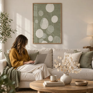 Minimalist Botanical Art Print, framed on the wall of a calm living room