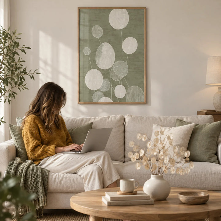 Minimalist Botanical Art Print, framed on the wall of a calm living room