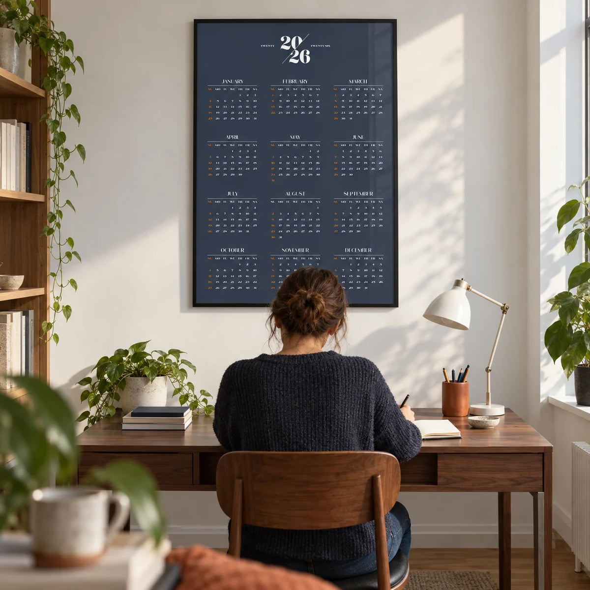 Minimalist Calendar, framed on the wall of a compact home study in a modern UK flat with a chalk white wall and oak floor