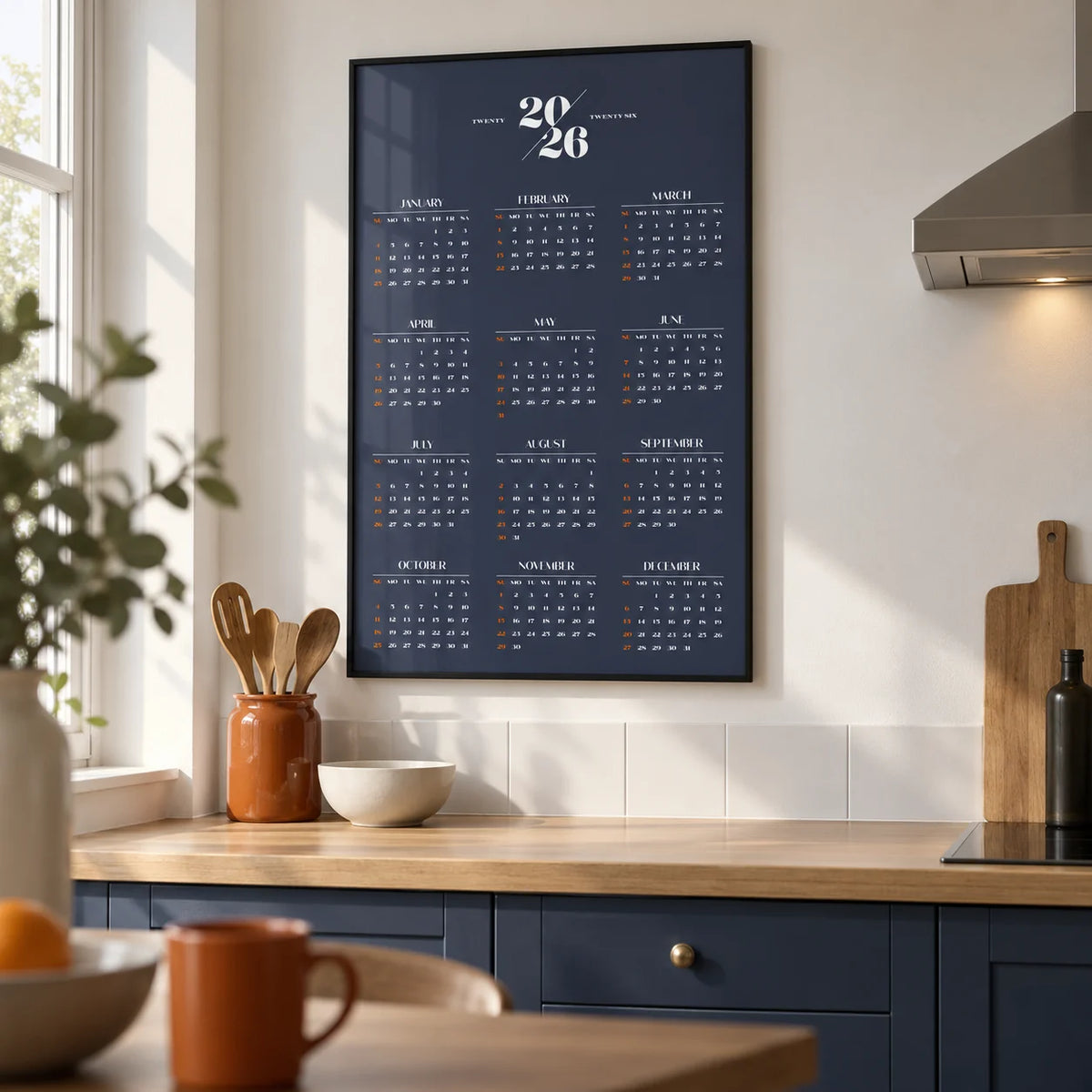 Minimalist Calendar, framed on the wall of a modern kitchen in a UK first flat for a couple aged 25-35
