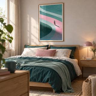 Minimalist Cycling Art Print, framed on the wall of a tidy first-flat bedroom (22-28)
