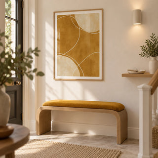 Minimalist Geometric Art Print, framed on the wall of a bright entrance hallway in a renovated UK terrace with warm white plaster walls and pale stone floor tiles