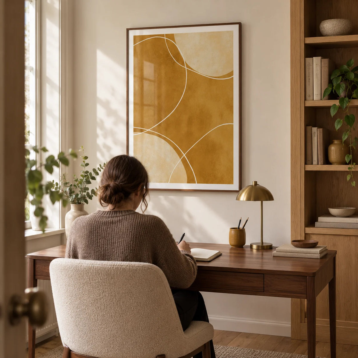 Minimalist Geometric Art Print, framed on the wall of a compact study in a UK townhouse with a pale cream wall and built-in oak shelving