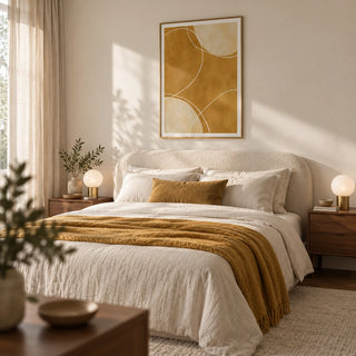 Minimalist Geometric Art Print, framed on the wall of a restful modern bedroom with warm white walls and a softly rounded upholstered headboard