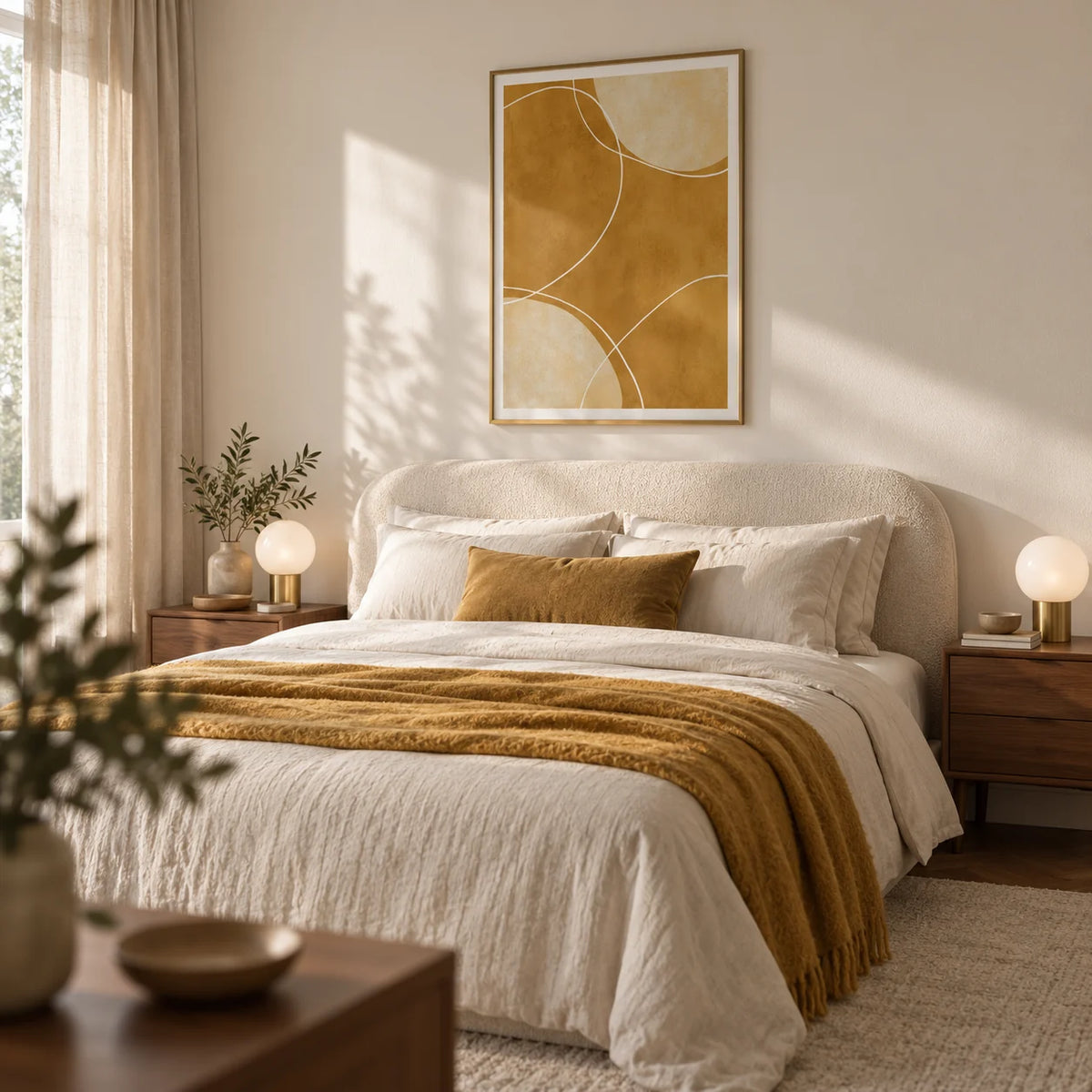 Minimalist Geometric Art Print, framed on the wall of a restful modern bedroom with warm white walls and a softly rounded upholstered headboard