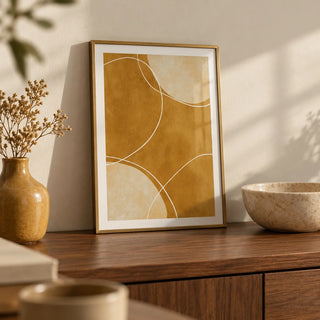Minimalist Geometric Art Print, a small A4 framed print leaning on a walnut sideboard in a living room