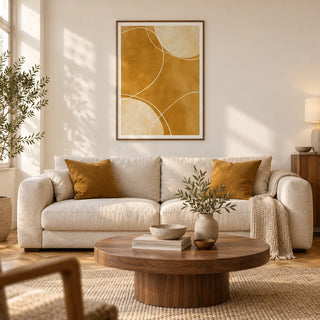 Minimalist Geometric Art Print, framed on the wall of a warm modern living room in a UK city flat with chalk-white walls and oak parquet