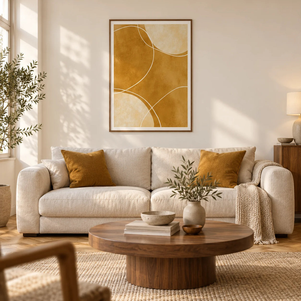 Minimalist Geometric Art Print, framed on the wall of a warm modern living room in a UK city flat with chalk-white walls and oak parquet