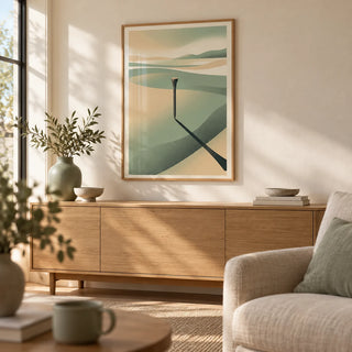 Minimalist Landscape Art Print, framed on the wall of a calm living room with a warm white wall
