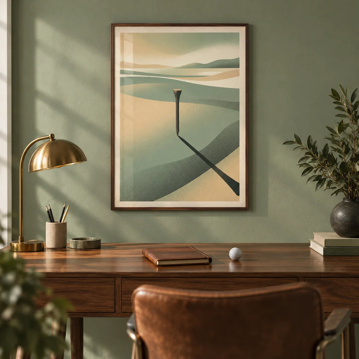 Minimalist Landscape Art Print, framed on the wall of a calm study with a sage green painted wall